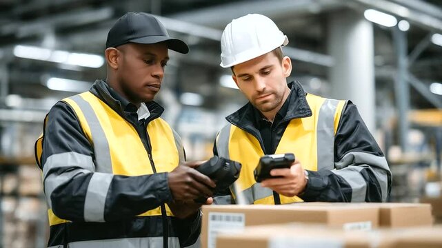 Side angle view of workers scanning barcodes on packed food boxes with handheld devices, teamwork in action for stock verification in supermarket warehouse
