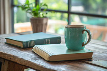 Cozy Reading Nook with a Mug and Books on a Rustic Table