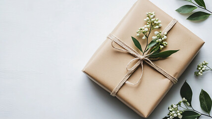 Rustic Gift Box Wrapped with Brown Paper and Greenery Accents