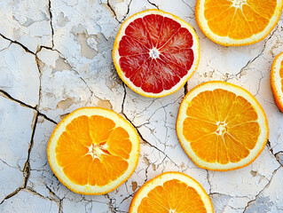 Freshly Sliced Citrus Fruit on Cracked Surface Background