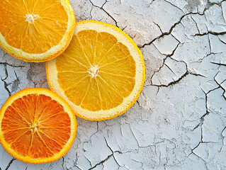 Sliced Fresh Oranges on Cracked White Surface with Textured Background