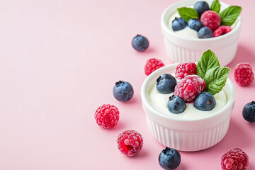Fresh Berry Yogurt Dessert with Raspberries and Blueberries