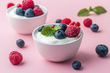 Yogurt with Fresh Berries and Mint Leaves on Pink Background