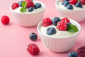 Fresh Yogurt with Berries in White Bowls on Pink Background