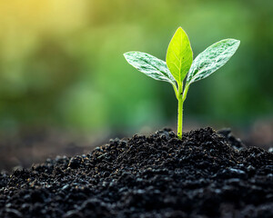 Green Seedling Emerging from Fresh Soil in Natural Garden Setting