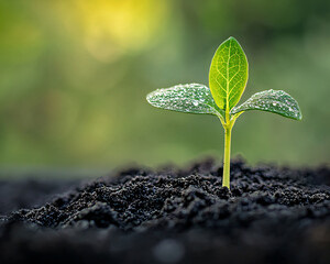Fresh Green Seedling Emerging from Dark Soil with Water Droplets