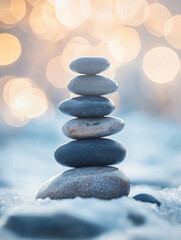 Balanced Stone Tower on Snowy Surface with Soft Blurred Background
