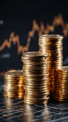 A striking visual of gold coin towers set against a digital graph displaying cryptocurrency metrics highlighting the interplay of tangible wealth with the innovative trends of the financial