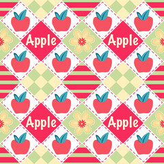 A delightful and vibrant pattern of red apples and cheerful flowers on a whimsical checkered and striped background