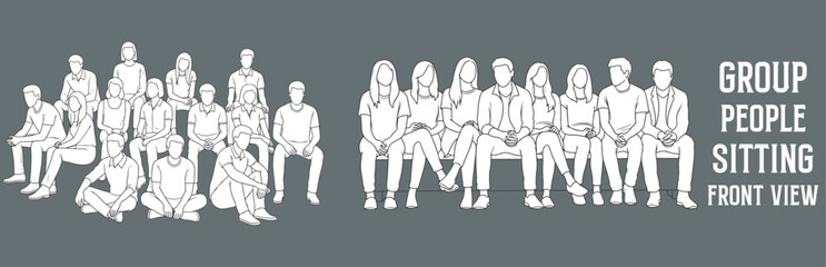 Architectural Drawings group people sitting vector illustration, front view, human person Minimal style hand drawn. Sections, Elevations, Floor Plans