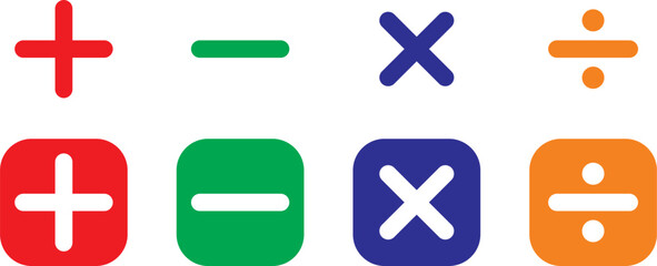 Basic mathematical colorful symbol. Plus, minus, multiply, divide icon set. Plus and minus icon set. Math symbol. Plus icon, Minus icon, Multiply icon, Divide icon.