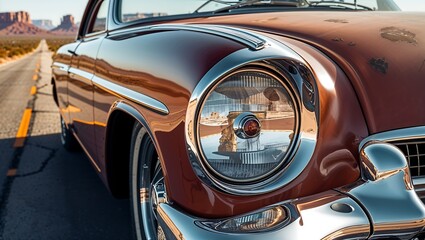 Fototapeta premium Classic car detail chrome bumper reflection of desert highway, worn leather seats.