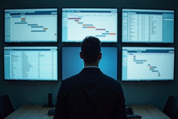 Obraz premium Image of a person multitasking with digital screens showing Gantt chart, time sheets, and agenda list.