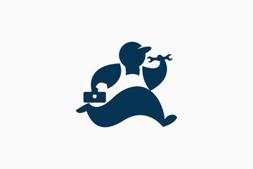 Repairman logo with a repairman running with wrench and toolbox. It is good for house service, cleaning service, plumbing, etc.
