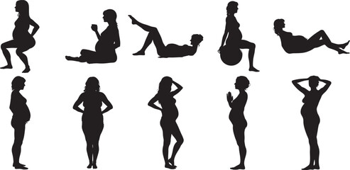 Pregnant Woman silhouettes Belly Growth Collection set. clip art, back lit, beauty, bonding, outline, design element, men