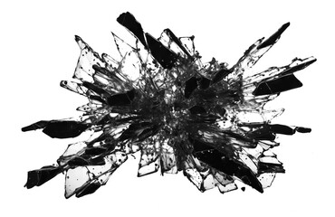 Black shattered glass exploding on empty transparent background. Isolated abstract broken glasses explosion brush. Generative ai