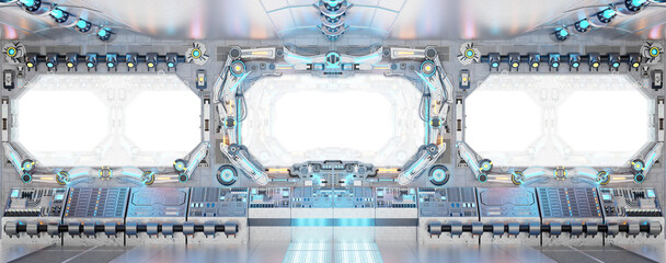 White spaceship with isolated cut out transparent window. Futuristic bright glossy interior with glowing lights