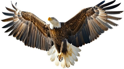 Fototapeta premium Bald Eagle with Wings Spread Wide in a Dramatic Flight Over Nature in Stunning Detail, Isolated on a Clean White Background