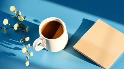 A cozy workspace featuring a cup of coffee, an open notebook, and a sprig of eucalyptus on a vibrant blue background