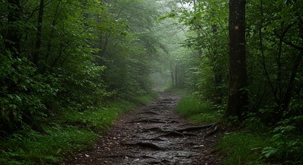 Obraz premium Rainy Forest Trail: Mysterious and Serene Nature Walk