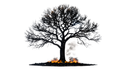 Burning Tree: A stark silhouette of a leafless tree engulfed in flames against a pure white backdrop, symbolizing loss, resilience, or the destructive power of nature.