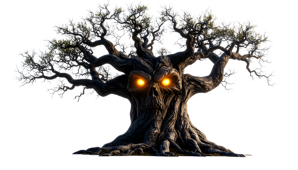 Mystical Tree of Whispers: An old tree with glowing eyes and gnarled branches evokes an atmosphere of mystery and hidden power, suggesting ancient secrets and stories untold.