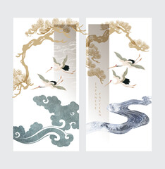 Japanese background with hand drawn line wave pattern vector. Abstract template with geometric curve pattern. Natural layout design in oriental style