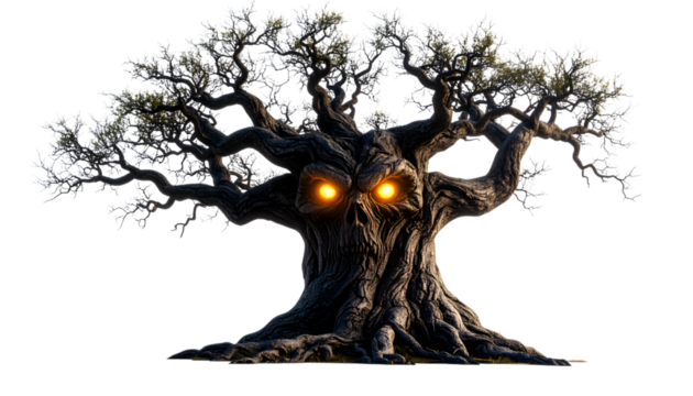 Mystical Tree of Whispers: An old tree with glowing eyes and gnarled branches evokes an atmosphere of mystery and hidden power, suggesting ancient secrets and stories untold.
