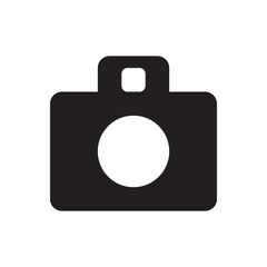 Compact camera silhouette. simple camera icon with central lens and viewfinder.