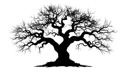 Silhouette of a Majestic Oak: A striking monochrome silhouette of a grand oak tree against a clear backdrop, its gnarled branches reaching upwards, conveying resilience and timeless beauty.