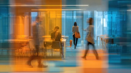 Captivating blur of an urban office setting portraying employees engaged in various activities. The colors and shapes merge fluidly reflecting a collaborative atmosphere filled with