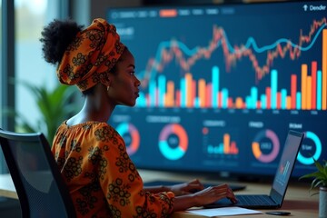 African woman in traditional attire mesmerized by vibrant financial analytics on large electronic screen