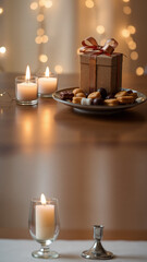 Elegant table setting with lit candles and a wrapped gift on a wooden surface, creating a warm and festive atmosphere for a celebration or special occasion