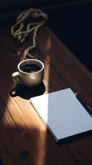 A white ceramic coffee cup placed on a wooden table next to a closed notebook and a smartphone, illuminated by sunlight streaming through a window creating shadows and highlighting textures