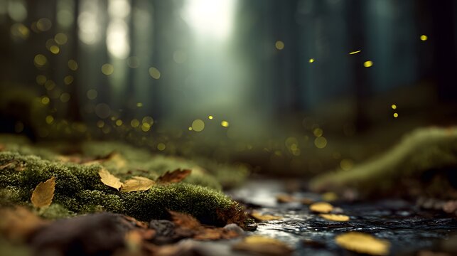 Few glowing fireflies floating above a mossy forest stream with fallen autumn leaves light beams filtering through tall trees realistic depth and rich tones in custom woodland background
