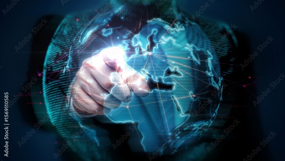Wall mural futuristic digital globe interaction with touch interface highlighting technology