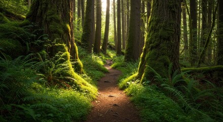 Obraz premium Misty Forest Trail on a Rainy Day