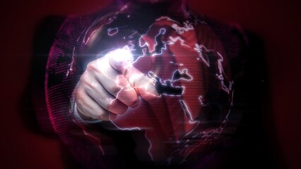Digital Innovation: Man Interacting with Virtual Earth in Futuristic Technology Space