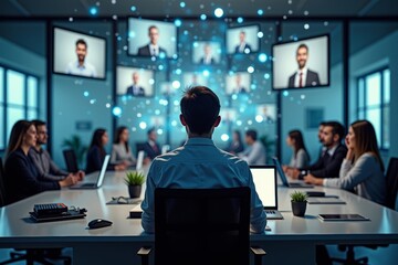 Obraz premium Title: Immersed in Technology: Multiple Screens Displaying Online Meeting on Office Desk