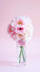 Elegant Pink and White Flower Bouquet in a Clear Glass Vase with Soft Pastel Background