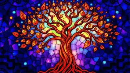 A magical digital illustration of the Tree of Life glowing against a colorful cosmic mosaic background filled with stars, tiles, and galactic textures, symbolizing harmony and spiritual connection.