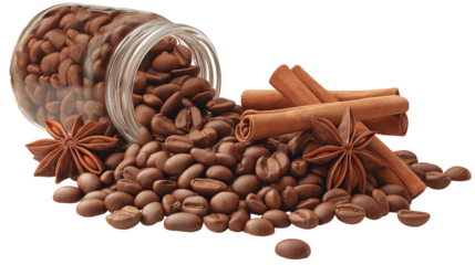 Spilled coffee beans with cinnamon sticks and star anise, cozy kitchen vibe, isolated PNG