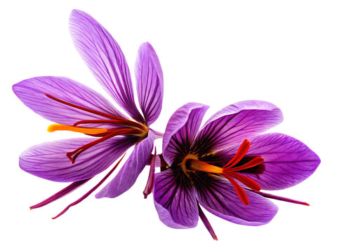 Purple saffron flowers with red stigmas isolated on a transparent background