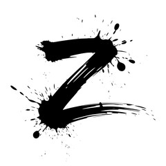Lowercase letter z ink splatter brush art, Bold lowercase letter "z" painted in expressive black ink with dynamic splatter effects on white, perfect for modern typography and creative graphic design.
