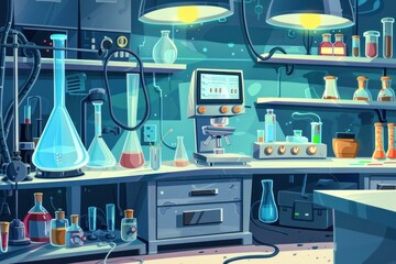 Cartoon illustration of a vibrant laboratory interior filled with various chemical equipment, highlighting the exciting possibilities of scientific research