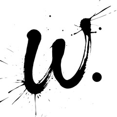 Lowercase letter w ink splatter brush art, Expressive lowercase letter "w" painted in bold black ink with dramatic splatter effects on white, ideal for modern typography and creative design projects.
