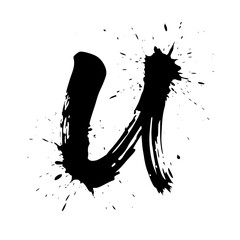 Lowercase letter u ink splatter brush art, Bold lowercase letter "u" painted with expressive black ink and dramatic splatter effects on white, ideal for modern creative typography and artistic design
