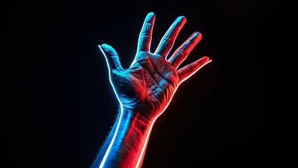 Neon-Lit Hand Reaching Out in Blue and Red Signifying Help, Creativity, or Emotion