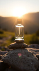 A glass vial with a cork stopper placed on a rock outdoors during sunset, surrounded by natural scenery with warm sunlight and distant mountains, creating a serene and tranquil atmosphere