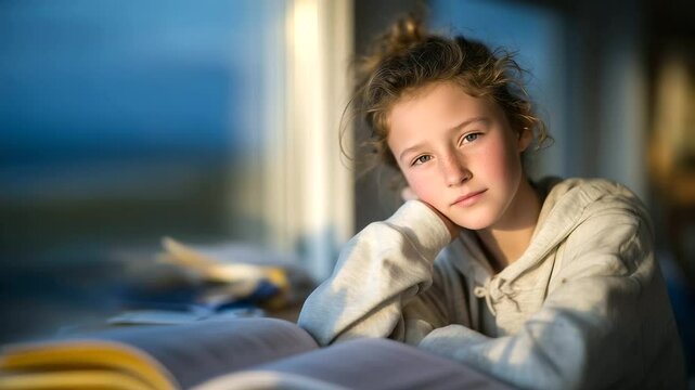 Young girl alone at desk with textbook open but unread, staring into distance, pastel light casting long shadows, symbolizing emotional detachment.